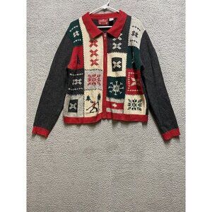 Holiday Lodge Patchwork Ramie Wool Knit Ugly Christmas Sweater  XL Red G…